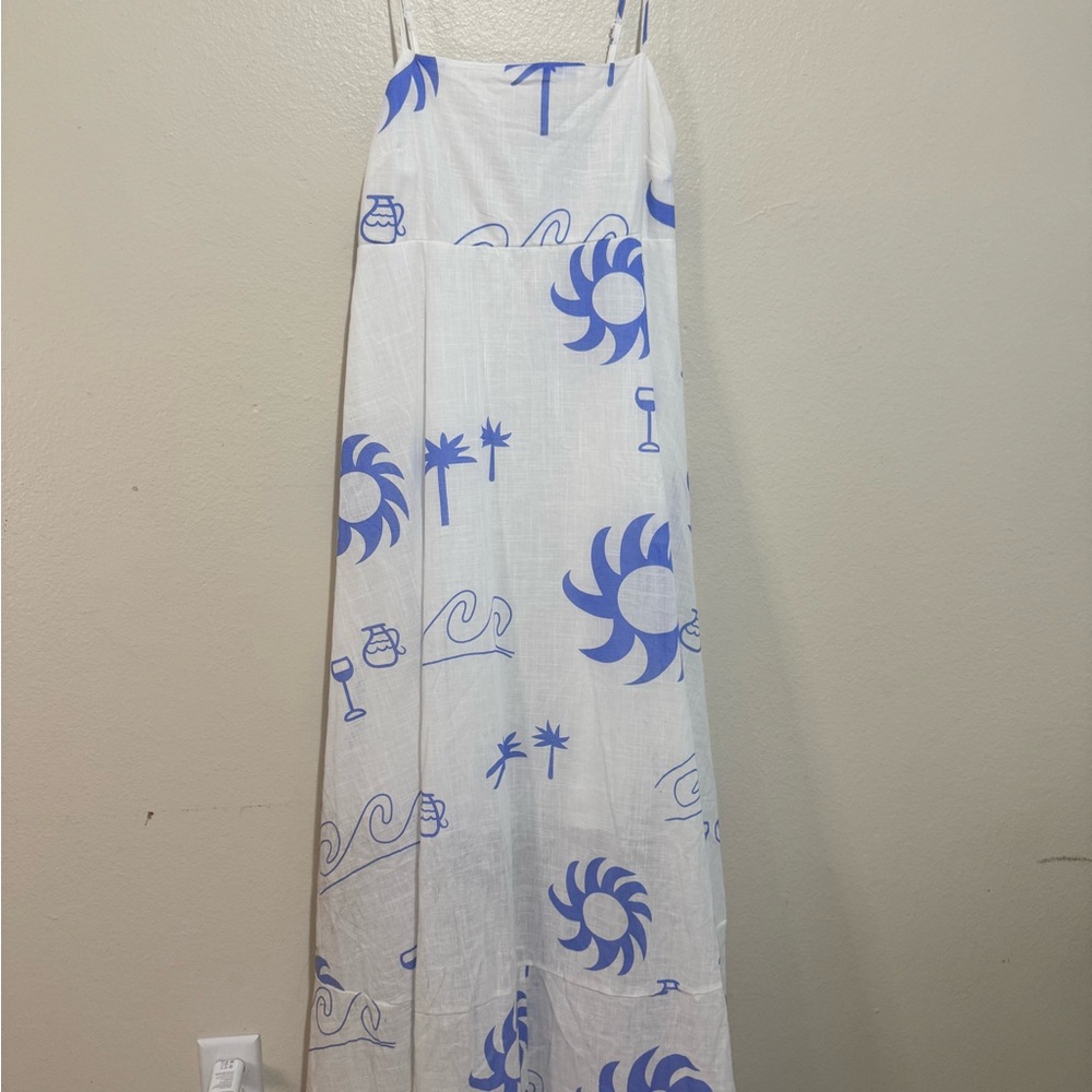 Petal & Pup White and Blue Spaghetti Strap Maxi Summer Dress Size Large